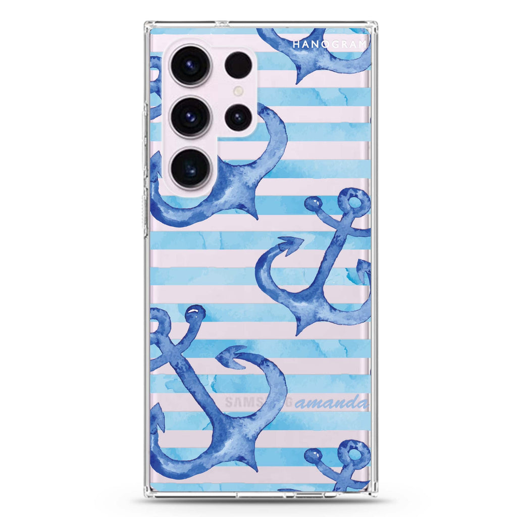Blue Anchor personalized name Samsung Galaxy S26/S25/S24/S23/S22 Ultra ultra clear case, transparent design, main view