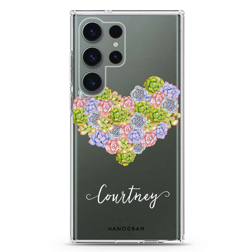 Floral Heart personalized name Samsung Galaxy S26/S25/S24/S23/S22 Ultra ultra clear case, transparent design, main view