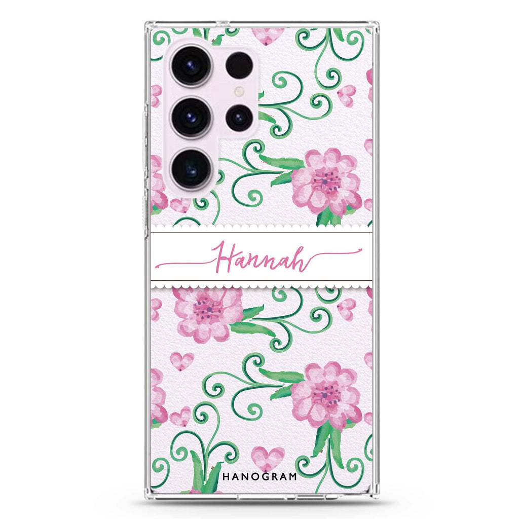 The Dancing Flower personalized name Samsung Galaxy S26/S25/S24/S23/S22 Ultra ultra clear case, transparent design, main view