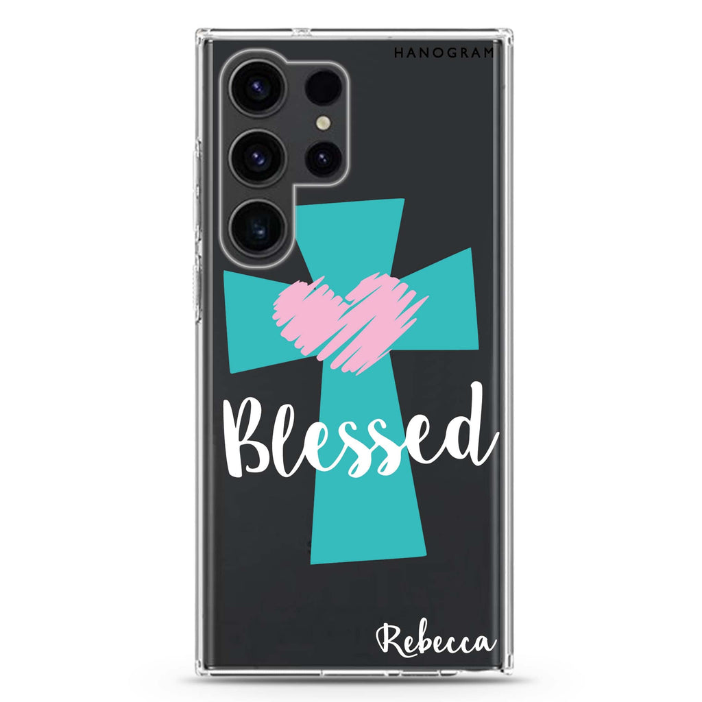 Blessed personalized name Samsung Galaxy S26/S25/S24/S23/S22 Ultra ultra clear case, transparent design, main view