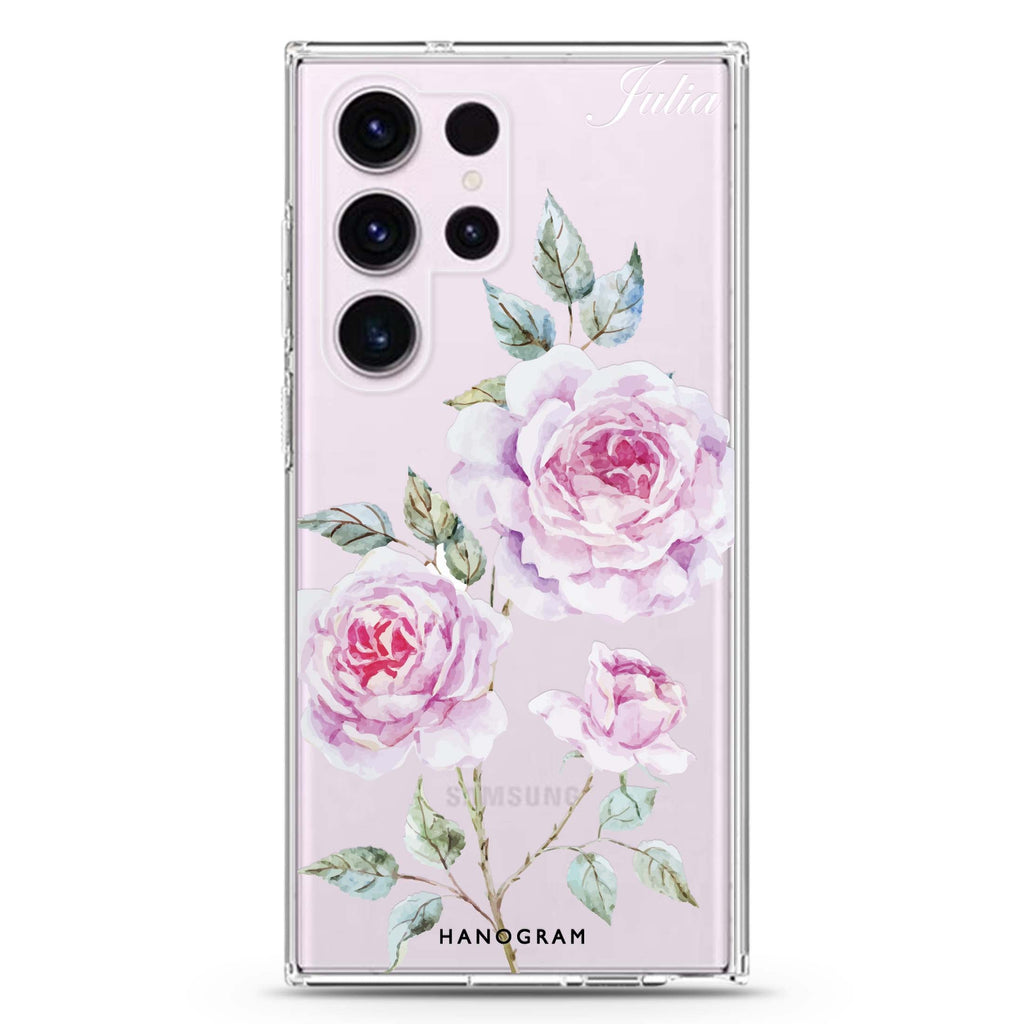 Simple Floral personalized name Samsung Galaxy S26/S25/S24/S23/S22 Ultra ultra clear case, transparent design, main view