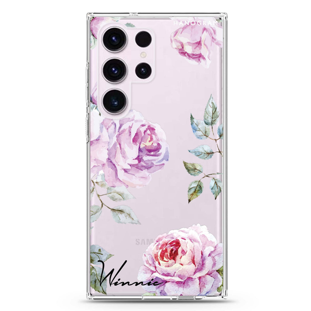 Classic Floral personalized name Samsung Galaxy S26/S25/S24/S23/S22 Ultra ultra clear case, transparent design, main view
