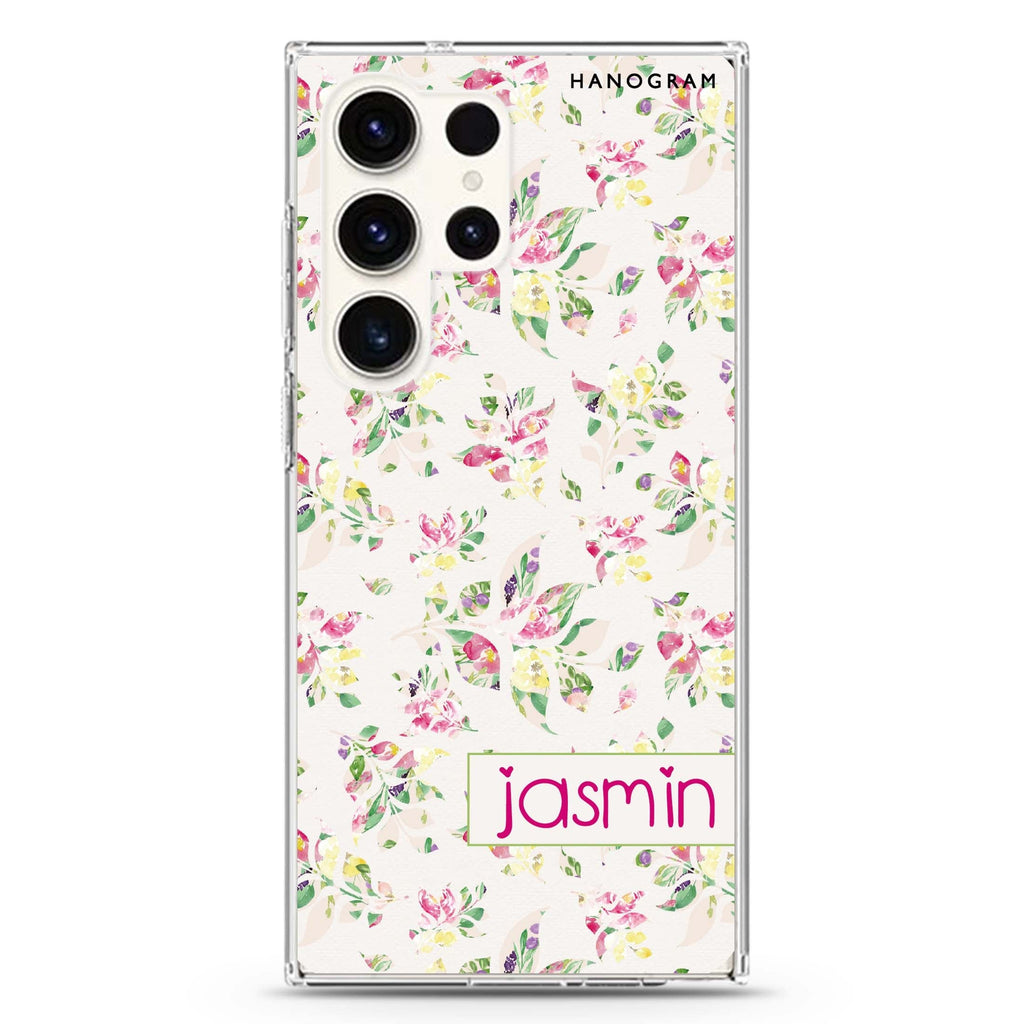 Floral Rain personalized name Samsung Galaxy S26/S25/S24/S23/S22 Ultra ultra clear case, transparent design, main view