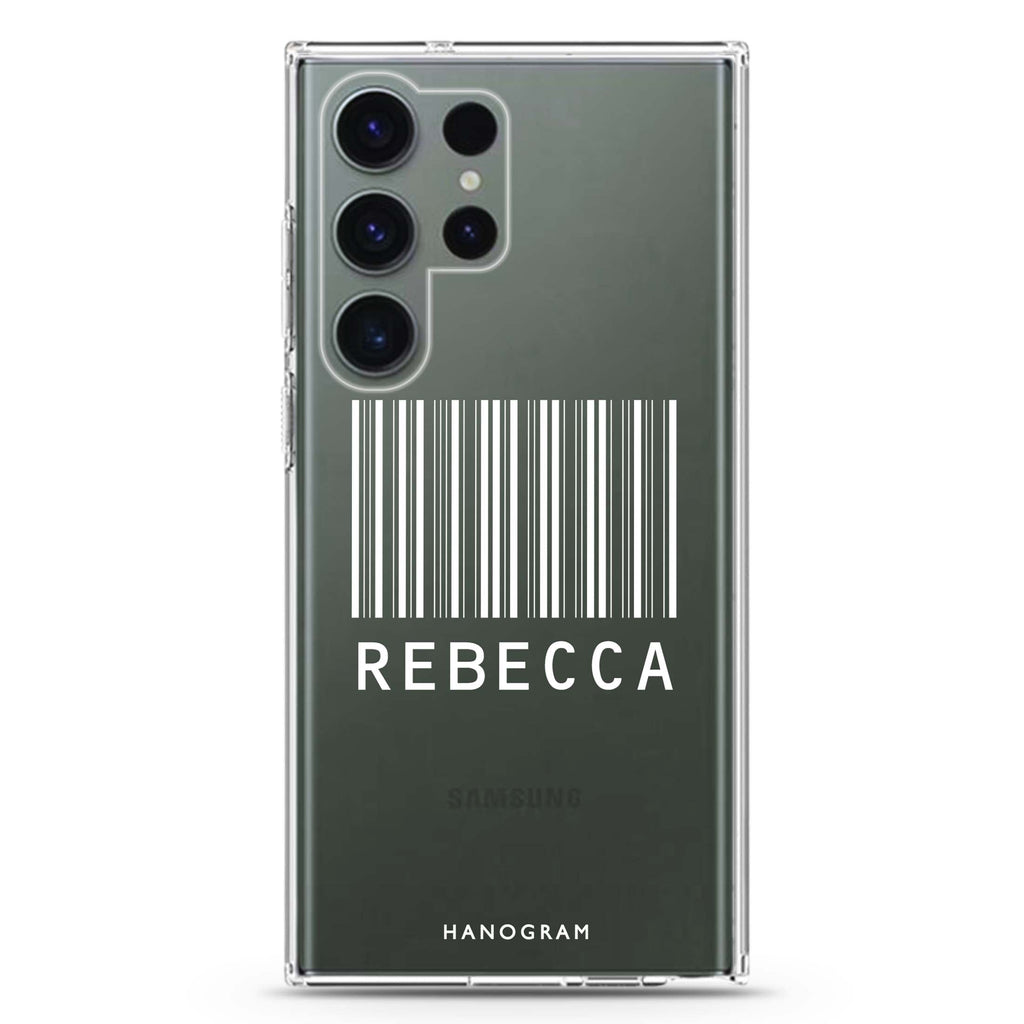 Barcode personalized name Samsung Galaxy S26/S25/S24/S23/S22 Ultra ultra clear case, transparent design, main view