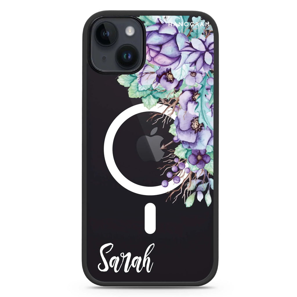 Purple Floral iPhone 14 Plus MagSafe Compatible Impact Guard Bumper Case