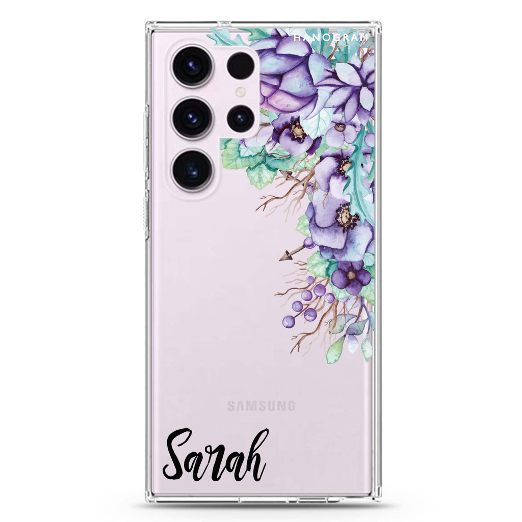 Purple Floral personalized name Samsung Galaxy S26/S25/S24/S23/S22 Ultra ultra clear case, transparent design, main view
