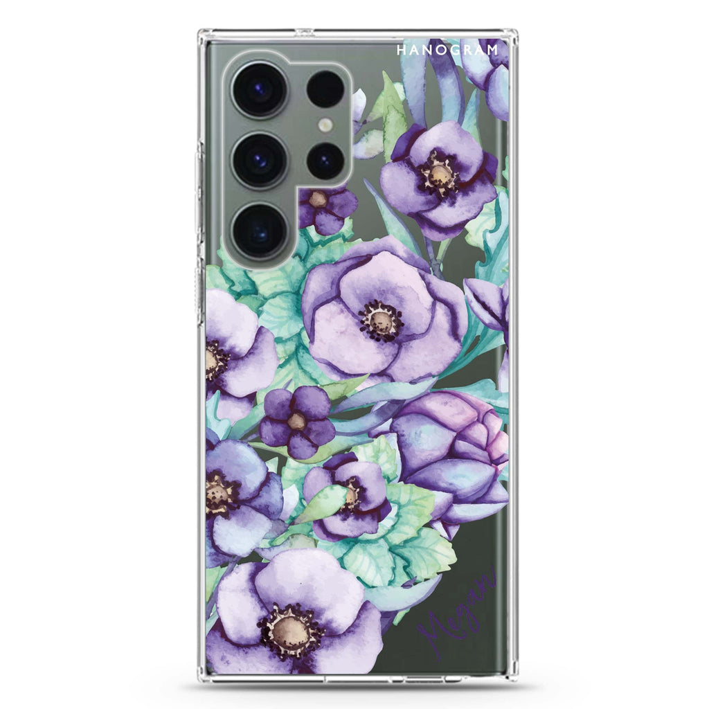 Purple Floral II personalized name Samsung Galaxy S26/S25/S24/S23/S22 Ultra ultra clear case, transparent design, main view