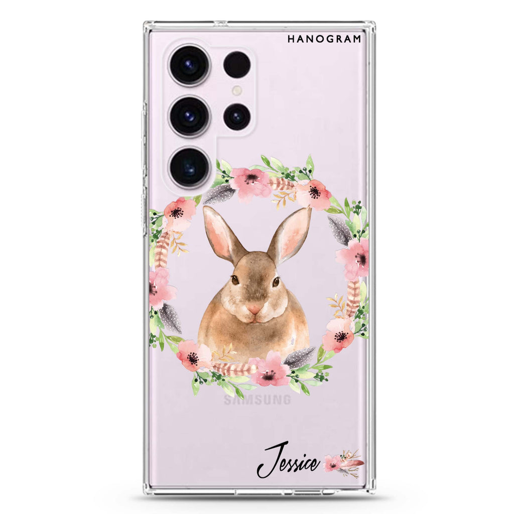 Floral Rabbit personalized name Samsung Galaxy S26/S25/S24/S23/S22 Ultra ultra clear case, transparent design, main view