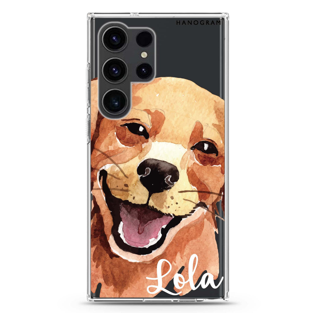 Golden Retriever personalized name Samsung Galaxy S26/S25/S24/S23/S22 Ultra ultra clear case, transparent design, main view
