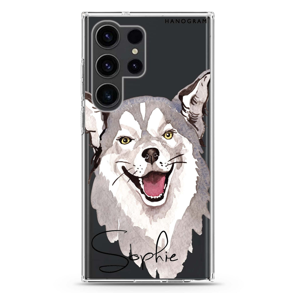 Border Collie personalized name Samsung Galaxy S26/S25/S24/S23/S22 Ultra ultra clear case, transparent design, main view