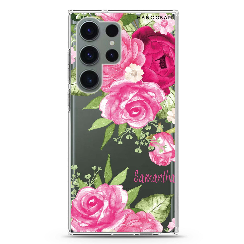 Watercolor Rose personalized name Samsung Galaxy S26/S25/S24/S23/S22 Ultra ultra clear case, transparent design, main view
