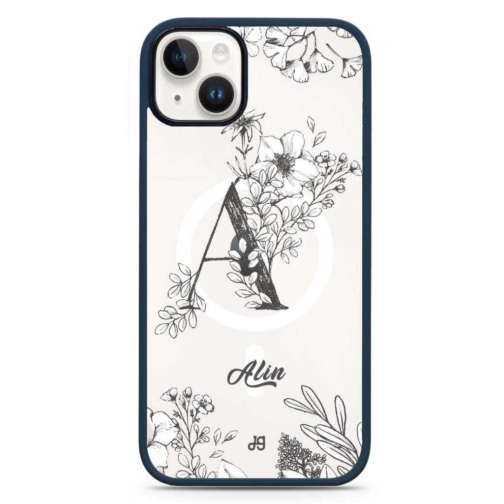 Vintage Floral Monogram iPhone 14 Plus MagSafe Compatible Impact Guard Bumper Case