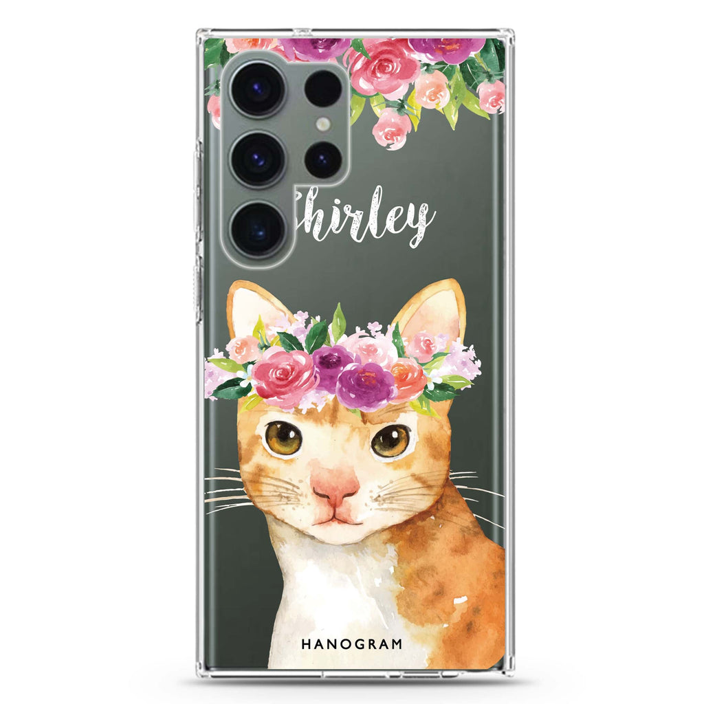 Floral and Cat personalized name Samsung Galaxy S26/S25/S24/S23/S22 Ultra ultra clear case, transparent design, main view