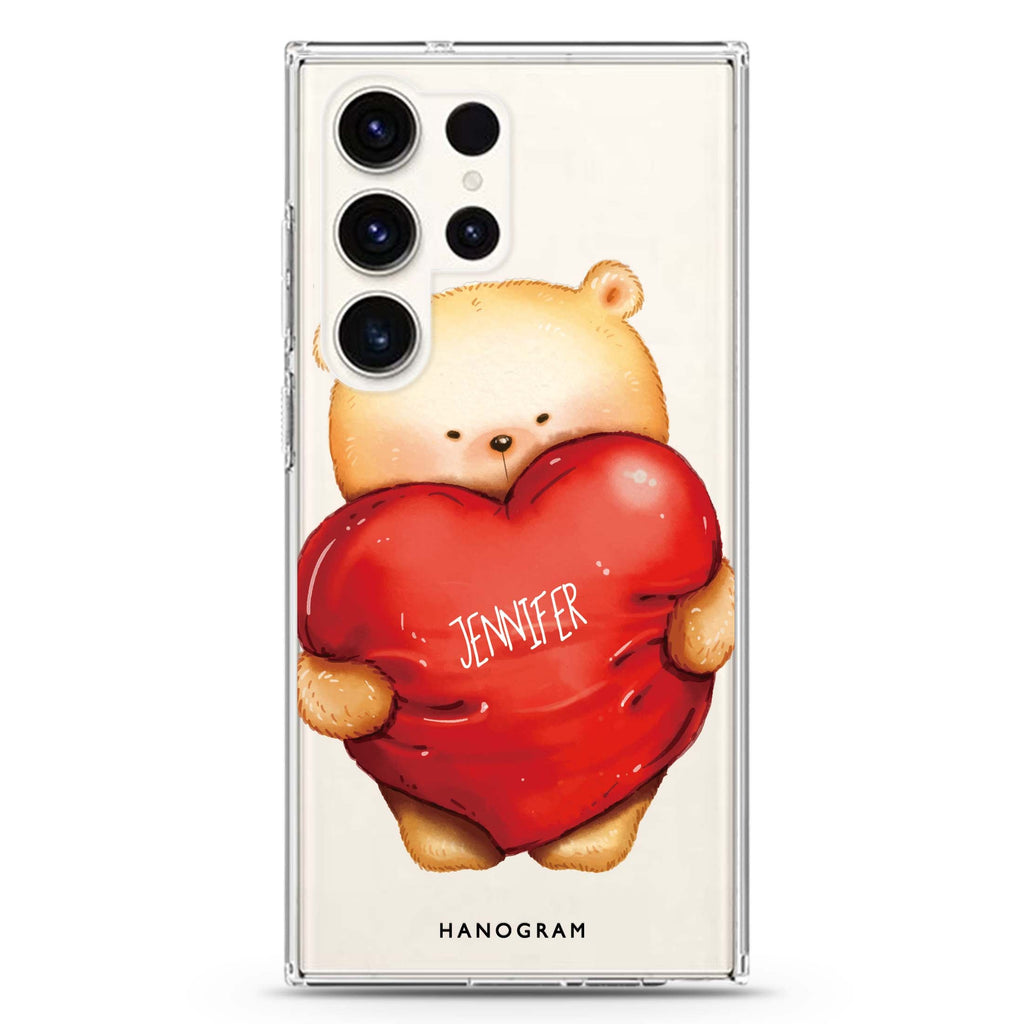 Bear Hug personalized name Samsung Galaxy S26/S25/S24/S23/S22 Ultra ultra clear case, transparent design, main view