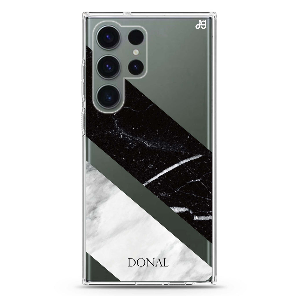 B & W Marble personalized name Samsung Galaxy S26/S25/S24/S23/S22 Ultra ultra clear case, transparent design, main view