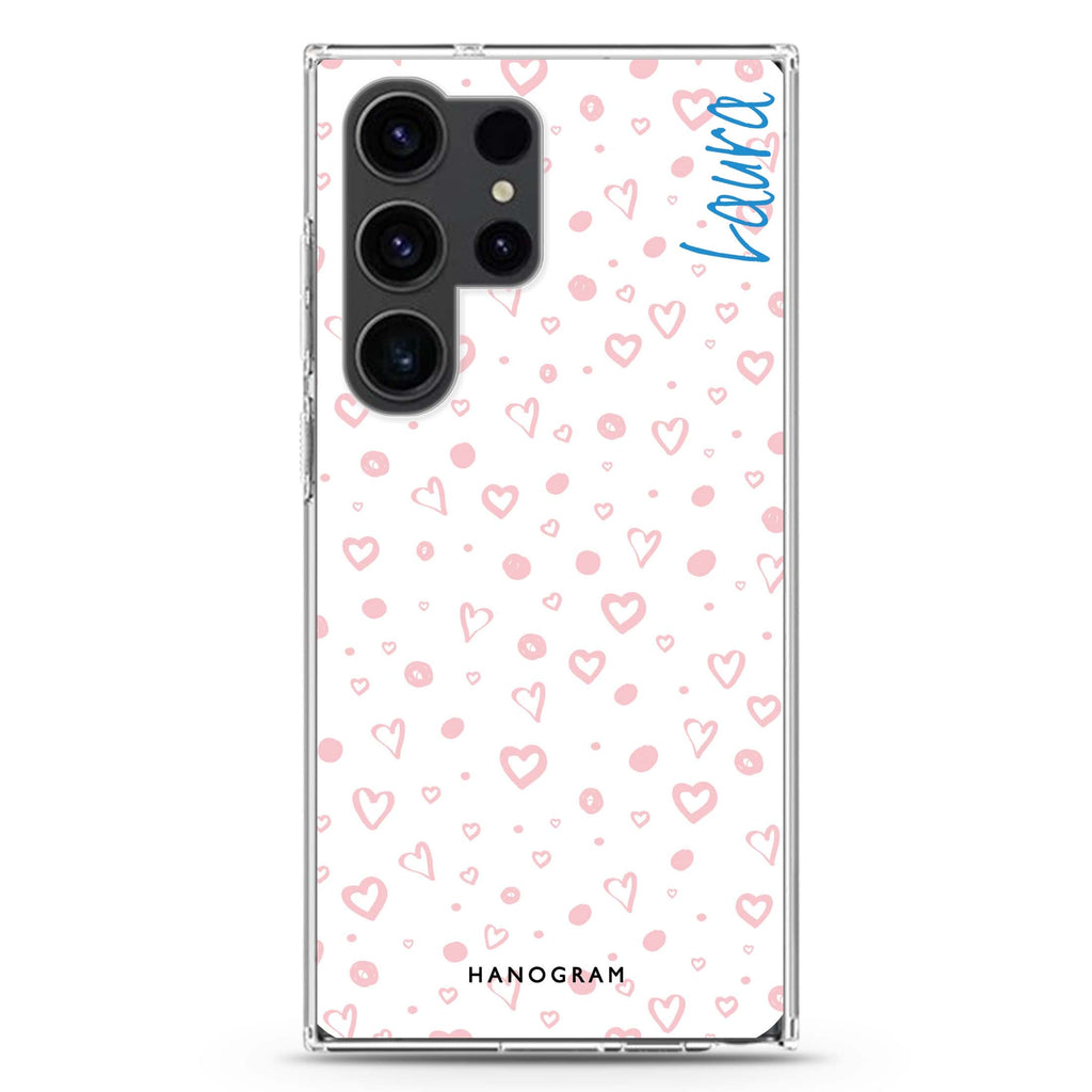 Pinky Hearts personalized name Samsung Galaxy S26/S25/S24/S23/S22 Ultra ultra clear case, transparent design, main view