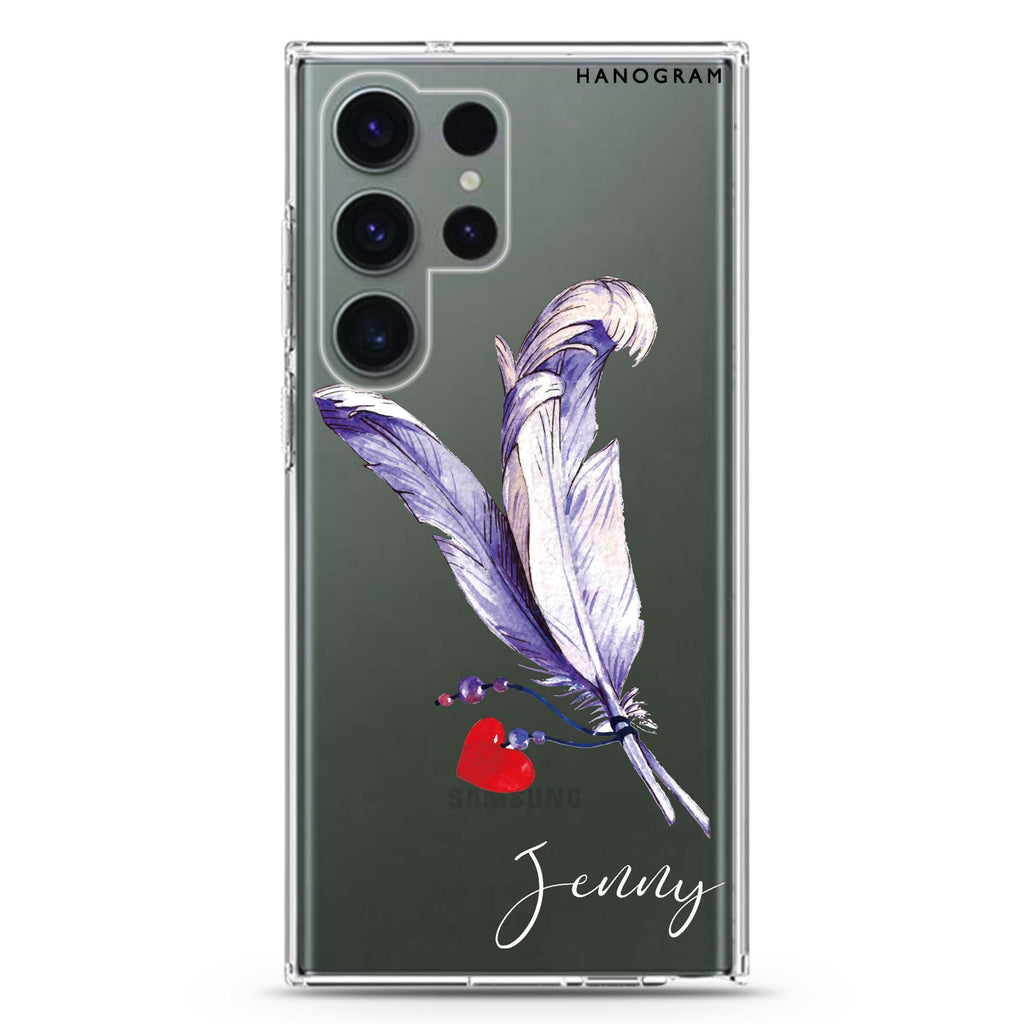 Feather Love personalized name Samsung Galaxy S26/S25/S24/S23/S22 Ultra ultra clear case, transparent design, main view