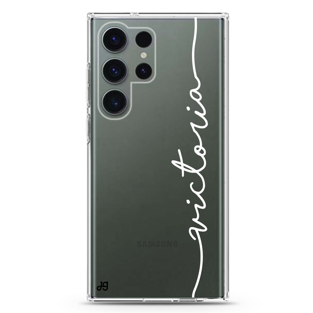 Vertical personalized name Samsung Galaxy S26/S25/S24/S23/S22 Ultra ultra clear case, transparent design, main view