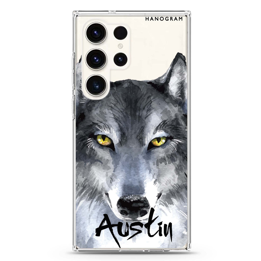 Snow Wolf personalized name Samsung Galaxy S26/S25/S24/S23/S22 Ultra ultra clear case, transparent design, main view