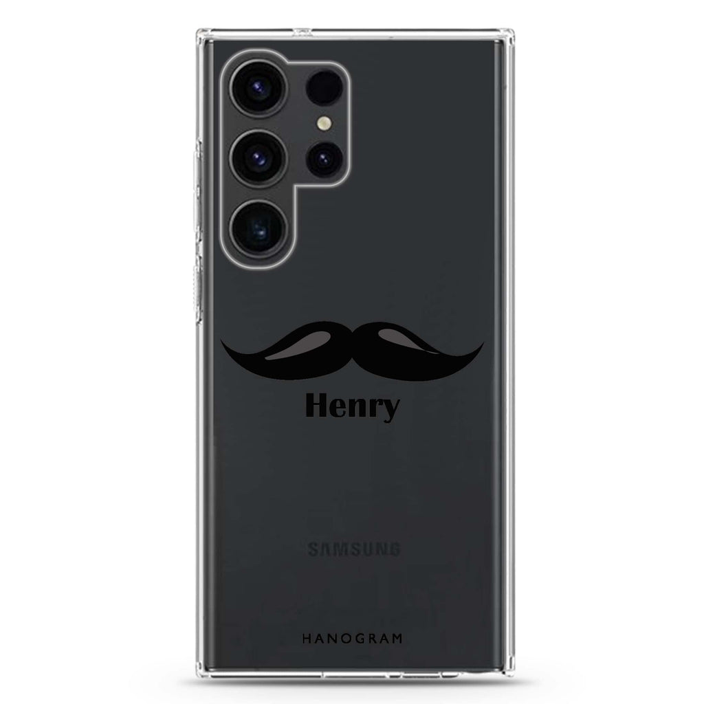 Moustache personalized name Samsung Galaxy S26/S25/S24/S23/S22 Ultra ultra clear case, transparent design, main view