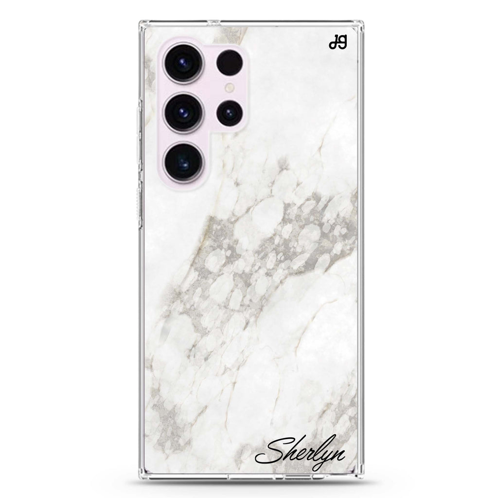 Simple White personalized name Samsung Galaxy S26/S25/S24/S23/S22 Ultra ultra clear case, transparent design, main view
