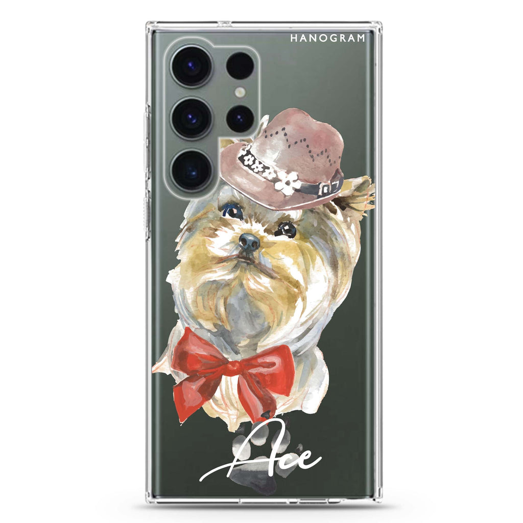 Yorkshire Terrier personalized name Samsung Galaxy S26/S25/S24/S23/S22 Ultra ultra clear case, transparent design, main view