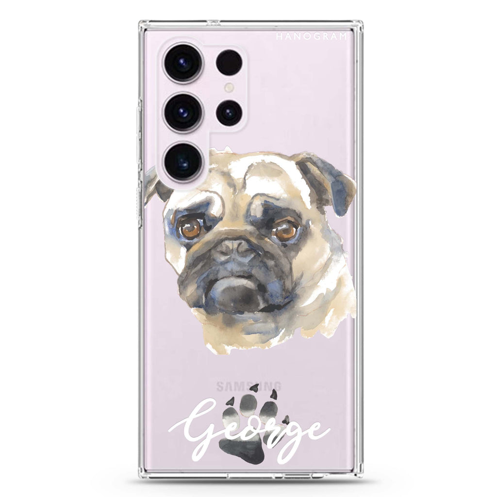 Pug personalized name Samsung Galaxy S26/S25/S24/S23/S22 Ultra ultra clear case, transparent design, main view