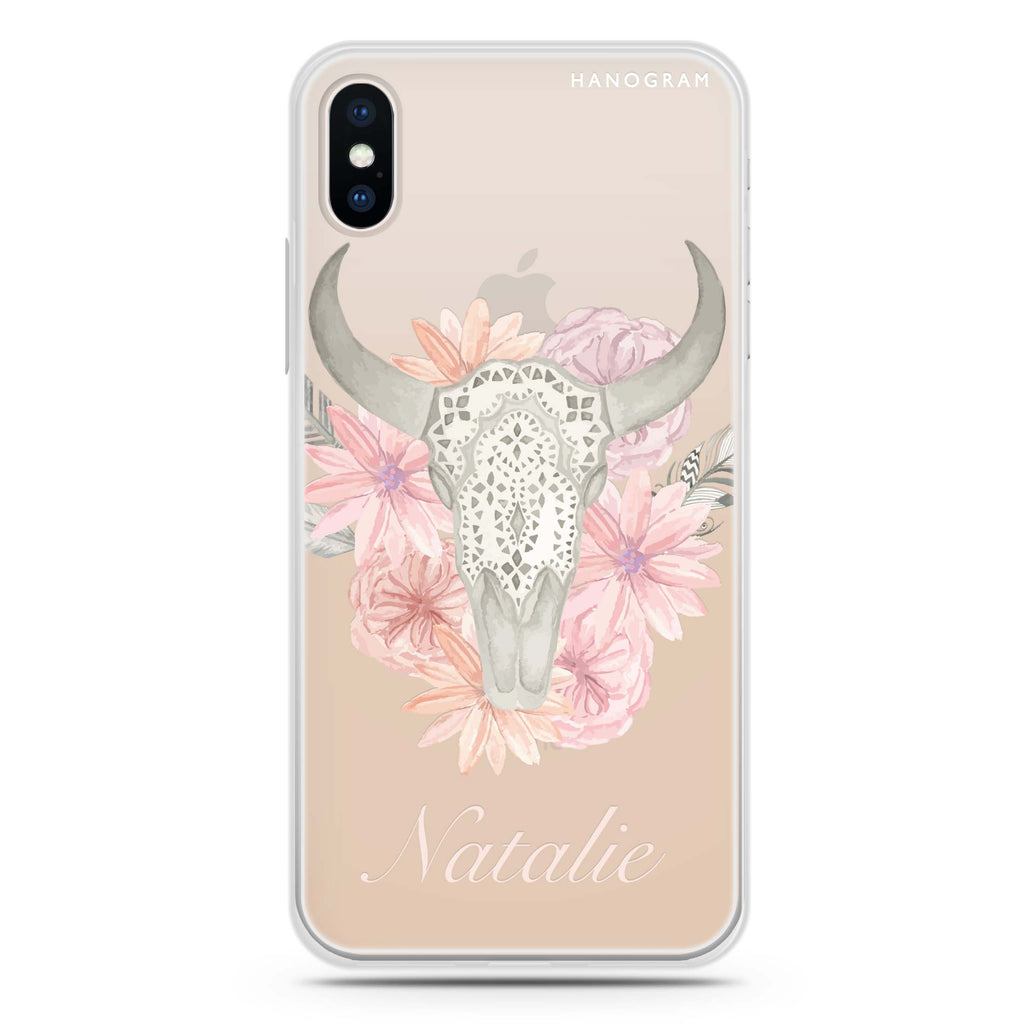 Skull Bull & Watercolor Flowers iPhone XS Max Ultra Clear Case