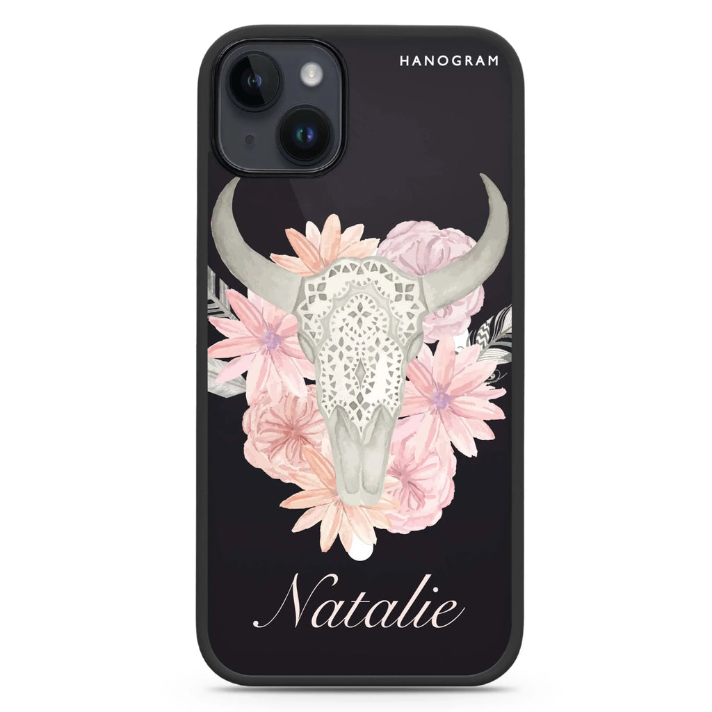 Skull Bull & Watercolor Flowers iPhone 14 Plus MagSafe Compatible Impact Guard Bumper Case