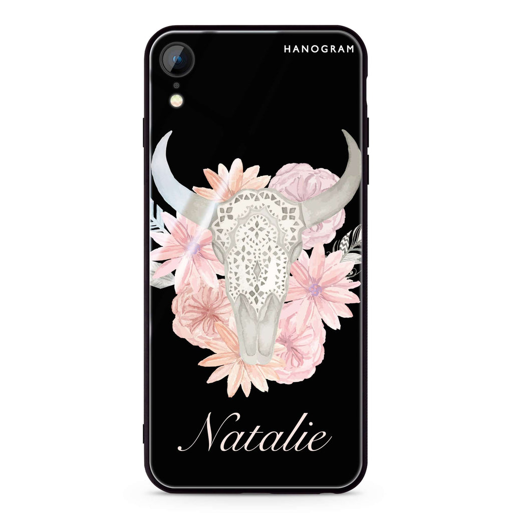 Skull Bull & Watercolor Flowers iPhone XR Glass Case