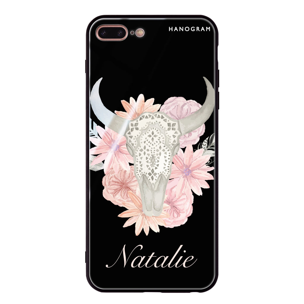 Skull Bull & Watercolor Flowers iPhone 8 Plus Glass Case