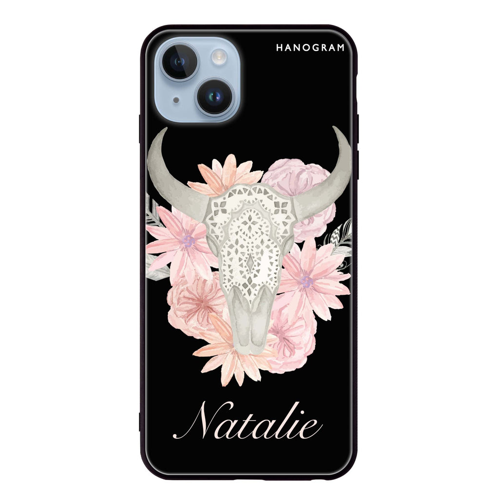 Skull Bull & Watercolor Flowers iPhone 14 Plus Glass Case