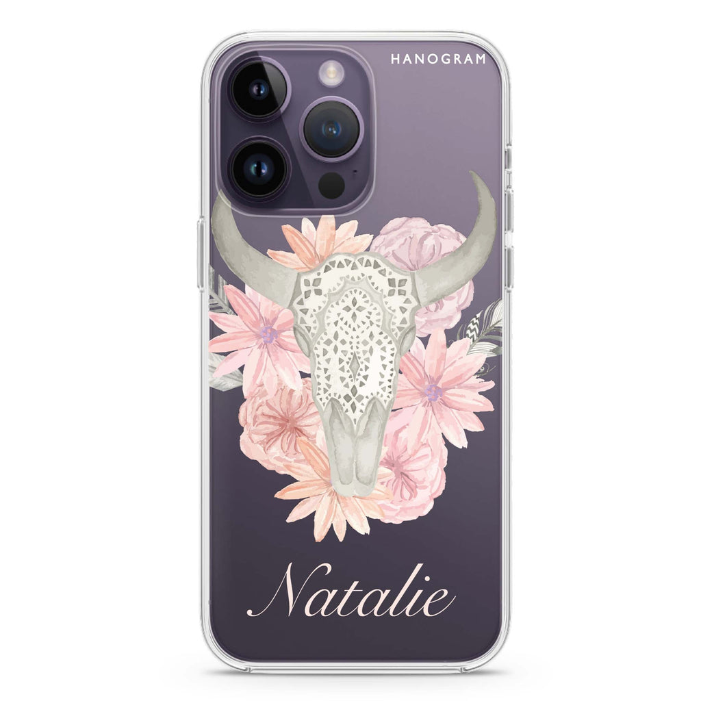 Skull Bull & Watercolor Flowers iPhone 14 Pro Ultra Clear Case