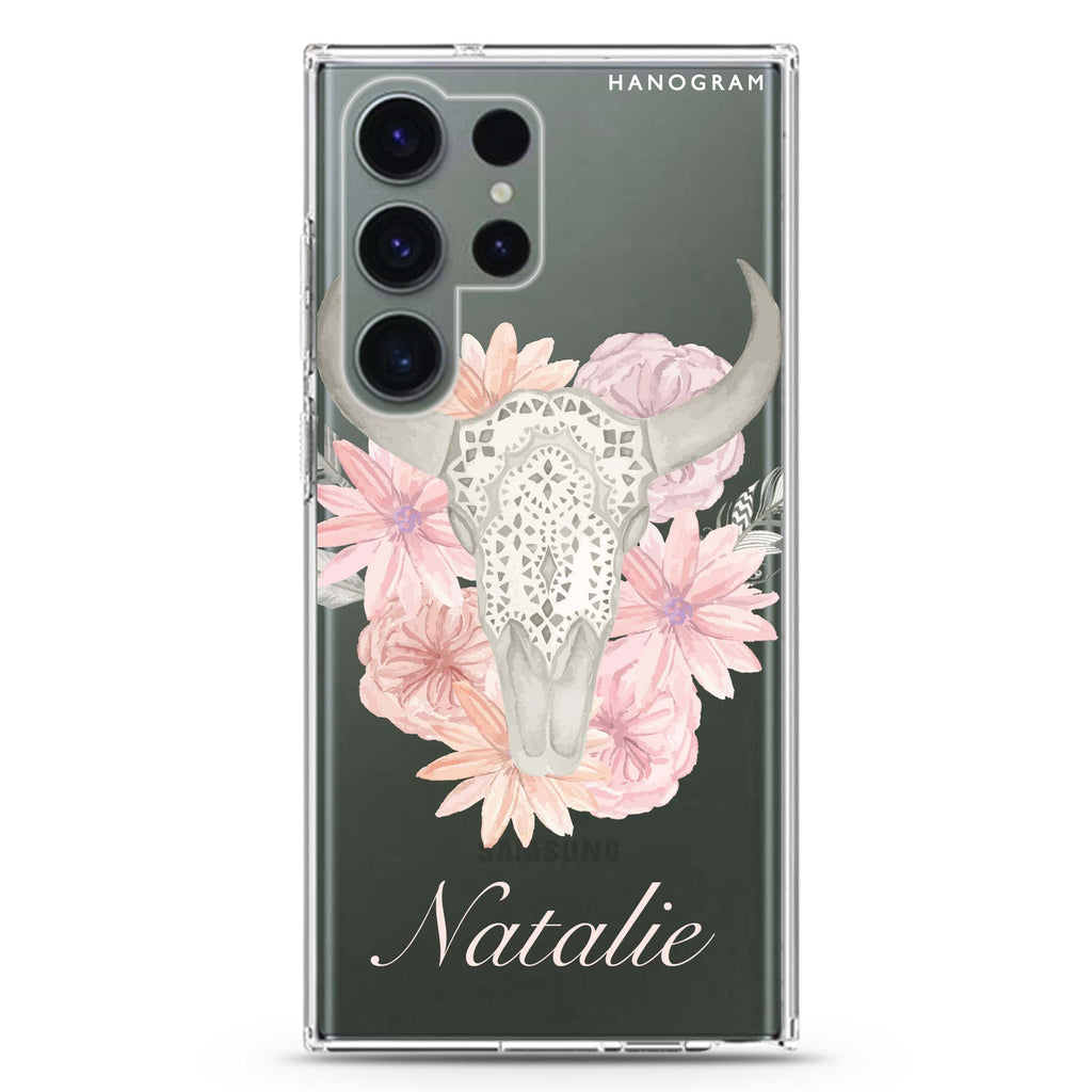 Skull Bull & personalized name Samsung Galaxy S26/S25/S24/S23/S22 Ultra ultra clear case, transparent design, main view