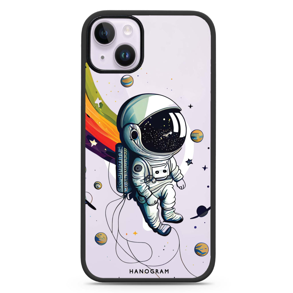 Astronaut in rainbow iPhone 14 Plus MagSafe Compatible Impact Guard Bumper Case