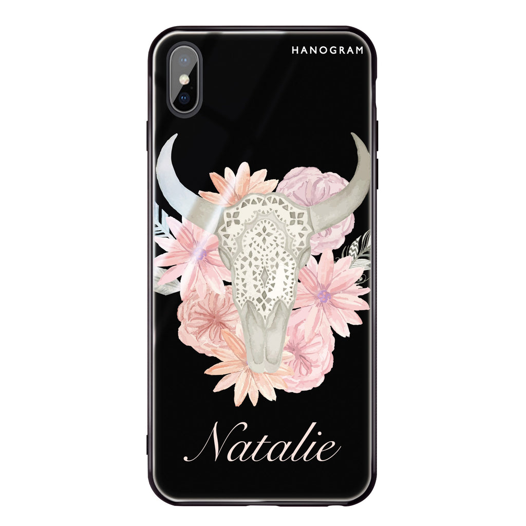 Skull Bull & Watercolor Flowers iPhone XS Max Glass Case