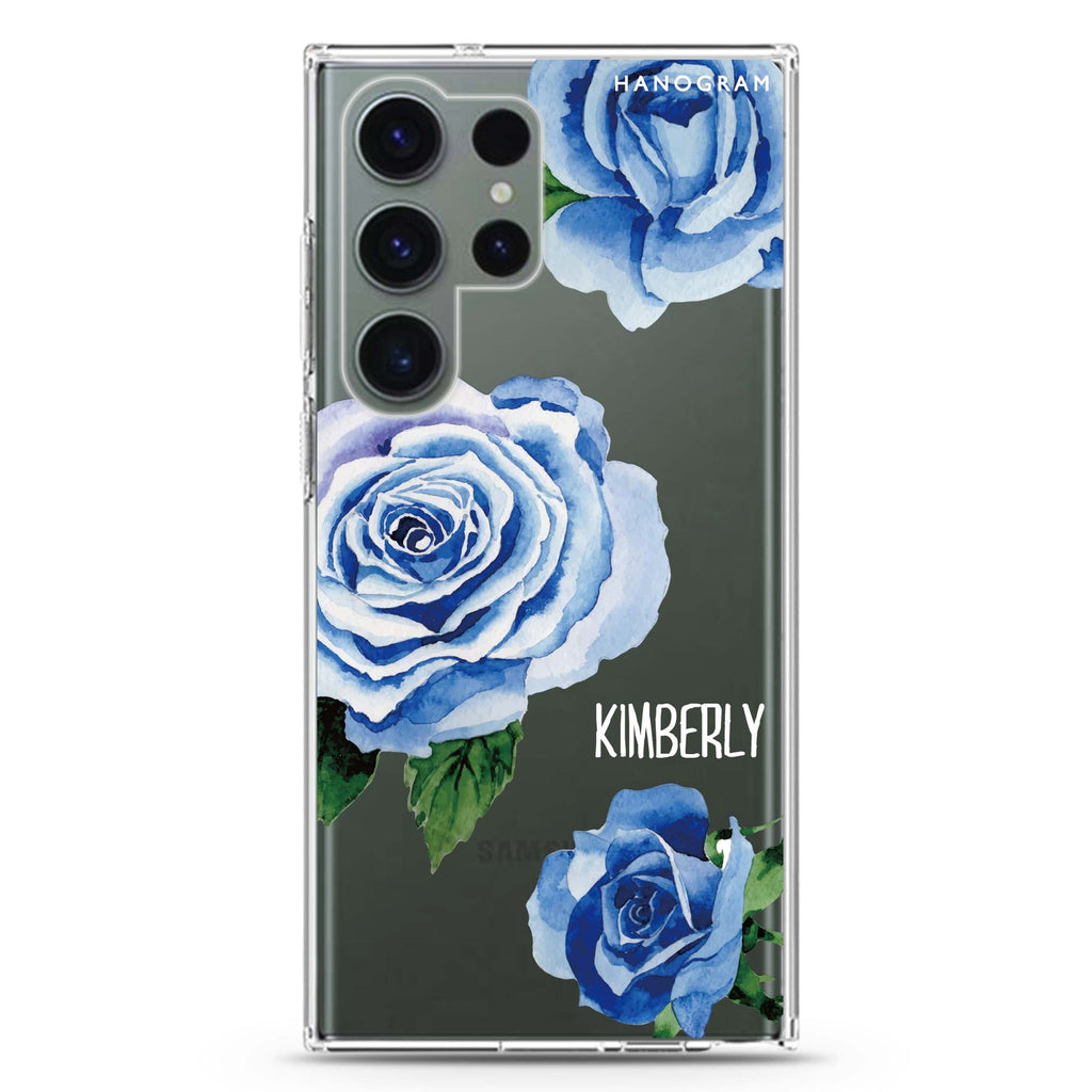 Blue Rose personalized name Samsung Galaxy S26/S25/S24/S23/S22 Ultra ultra clear case, transparent design, main view