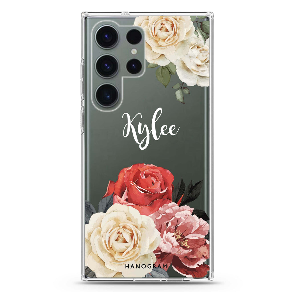 Vintage Floral personalized name Samsung Galaxy S26/S25/S24/S23/S22 Ultra ultra clear case, transparent design, main view