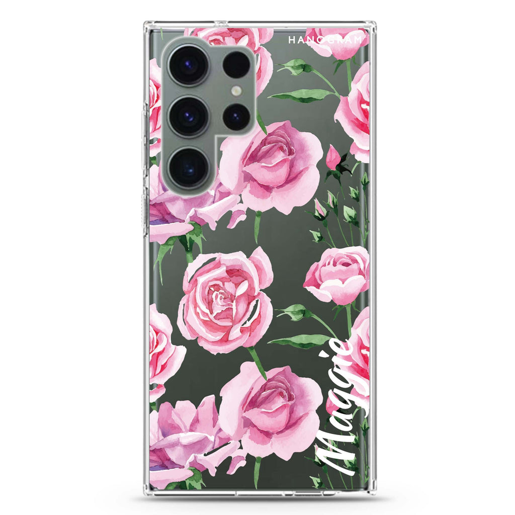 Pink Rose personalized name Samsung Galaxy S26/S25/S24/S23/S22 Ultra ultra clear case, transparent design, main view