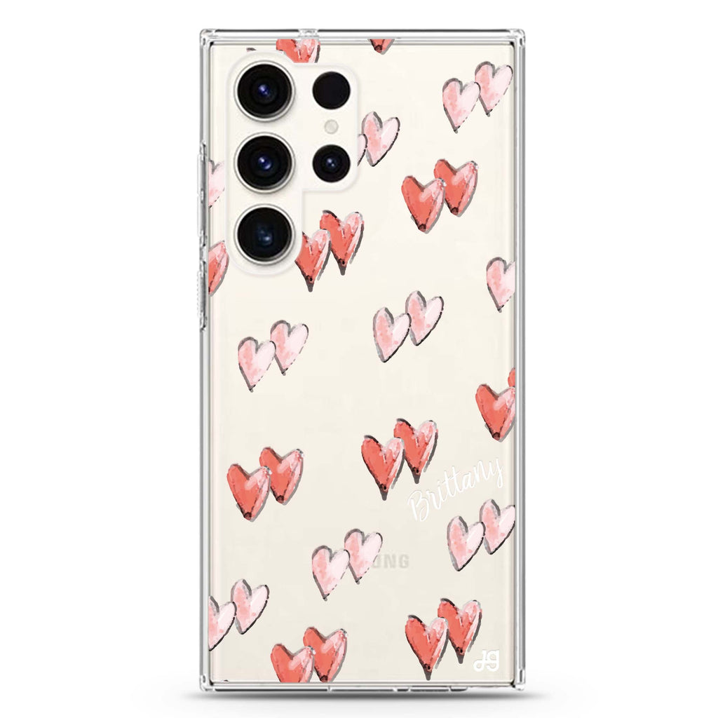 Double Heart personalized name Samsung Galaxy S26/S25/S24/S23/S22 Ultra ultra clear case, transparent design, main view