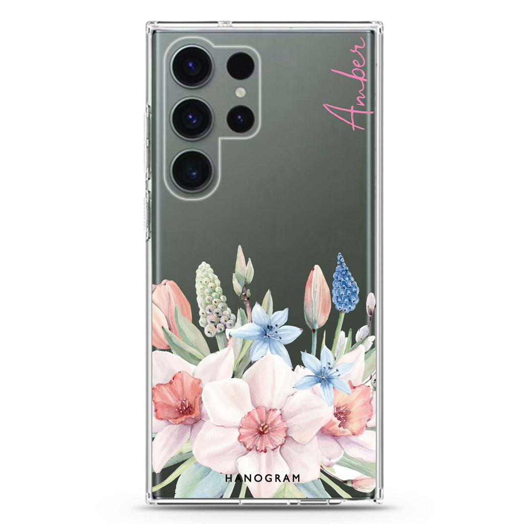 My Glamour Floral personalized name Samsung Galaxy S26/S25/S24/S23/S22 Ultra ultra clear case, transparent design, main view