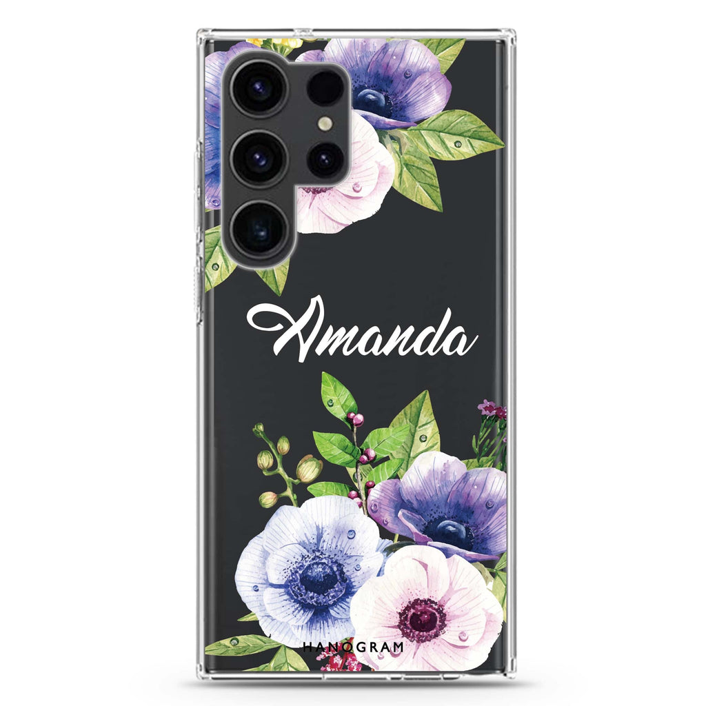 Blooming Flowers personalized name Samsung Galaxy S26/S25/S24/S23/S22 Ultra ultra clear case, transparent design, main view