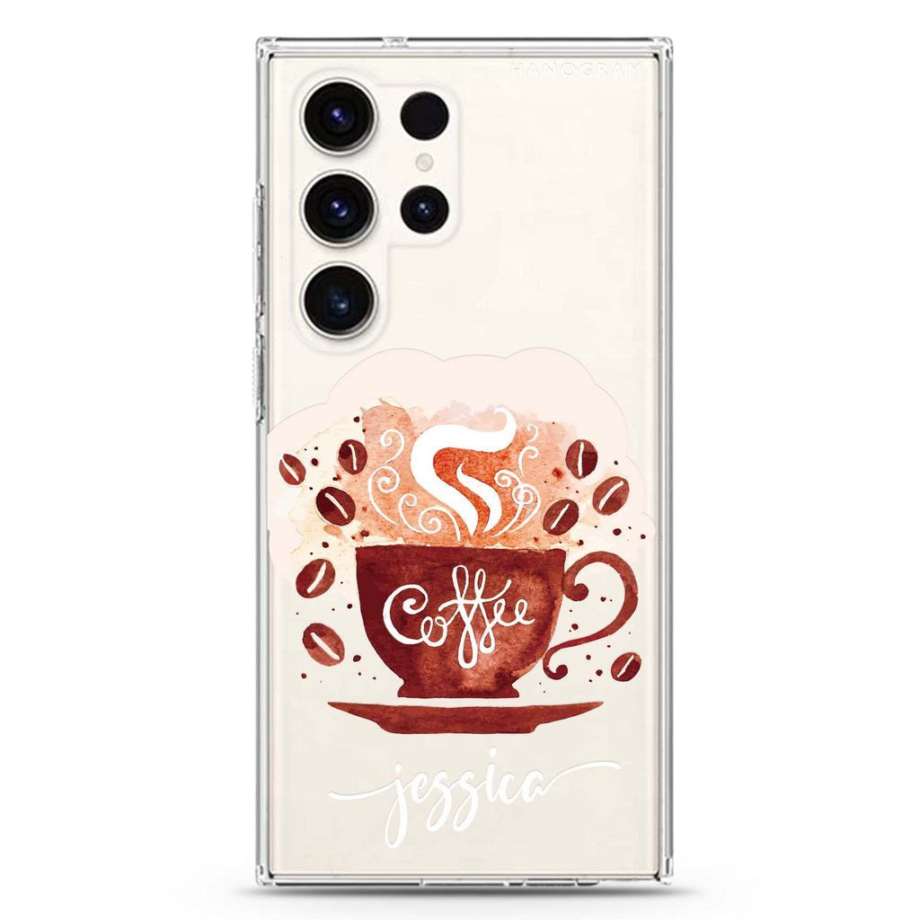 Fragrant Coffee personalized name Samsung Galaxy S26/S25/S24/S23/S22 Ultra ultra clear case, transparent design, main view