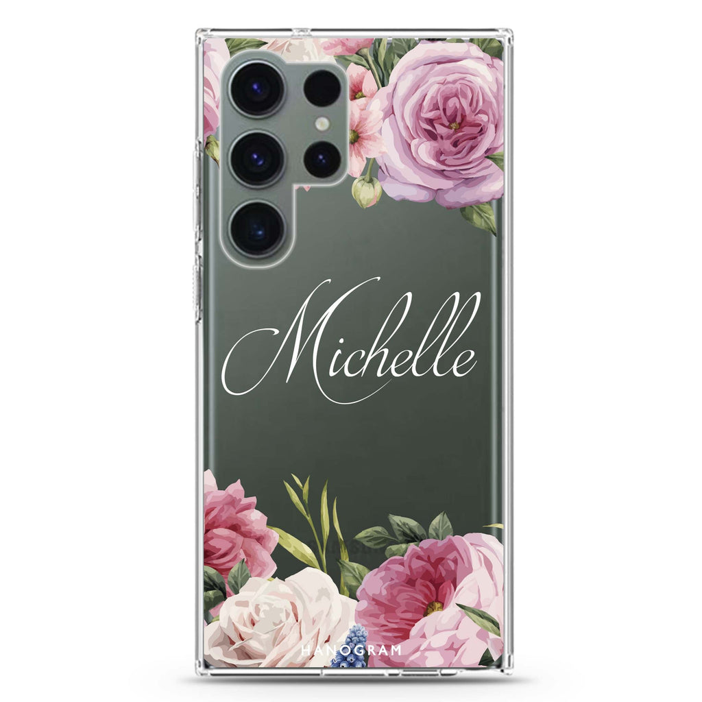 Light Pink Floral Ultra Clear Case For Galaxy S23 Ultra