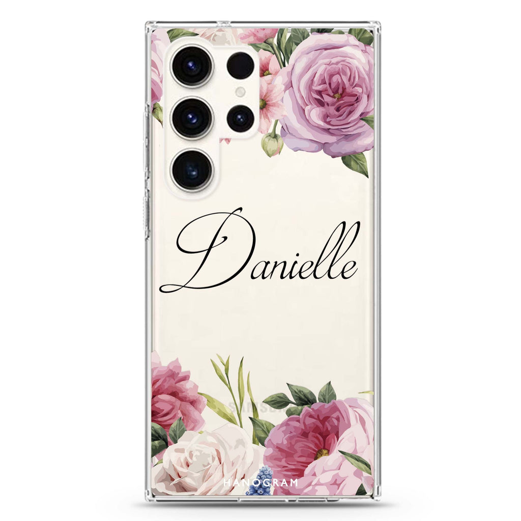 Light Pink Floral personalized name Samsung Galaxy S26/S25/S24/S23/S22 Ultra ultra clear case, transparent design, main view