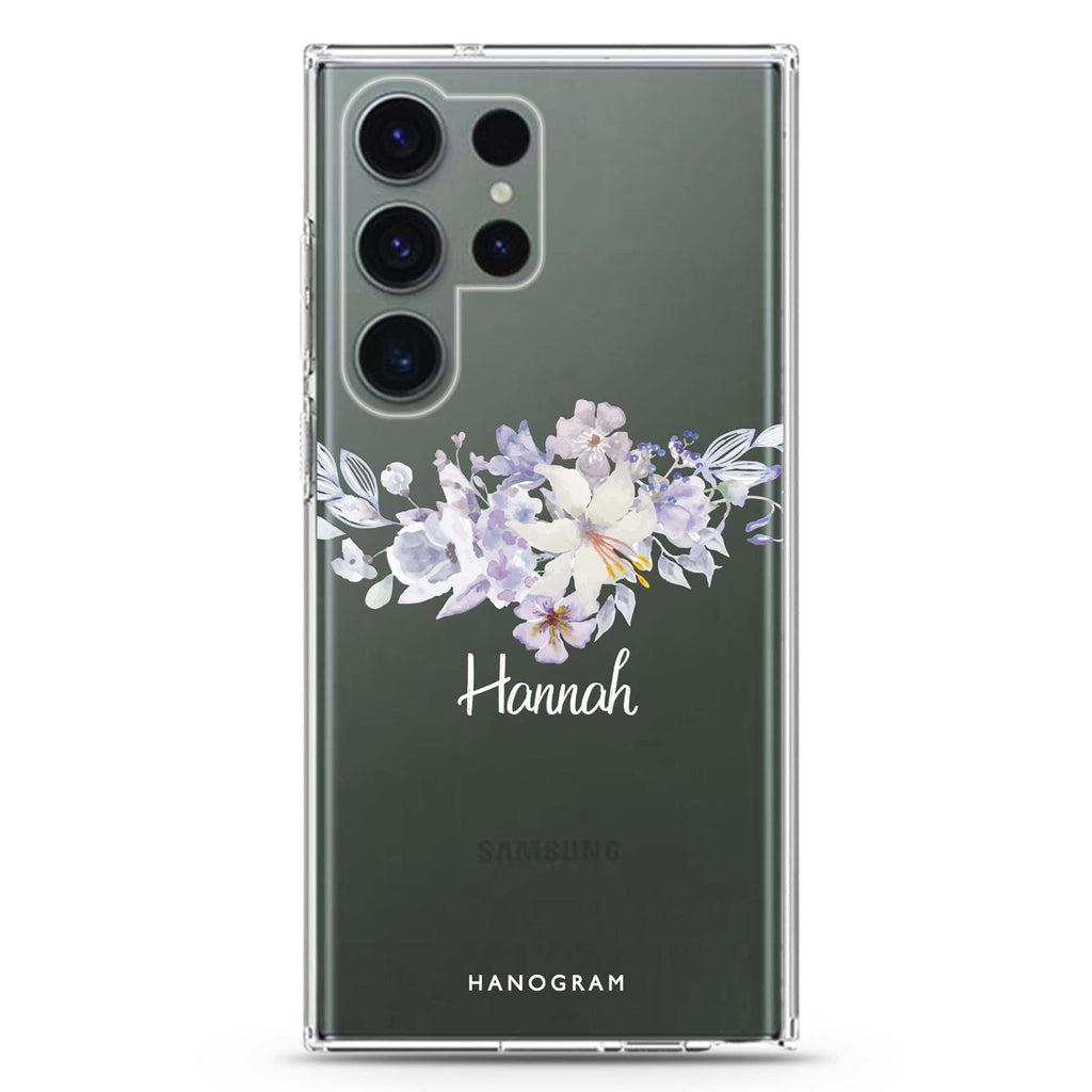 Serene Flowers & personalized name Samsung Galaxy S26/S25/S24/S23/S22 Ultra ultra clear case, transparent design, main view