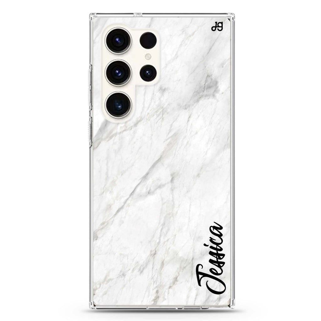 White Marble personalized name Samsung Galaxy S26/S25/S24/S23/S22 Ultra ultra clear case, transparent design, main view