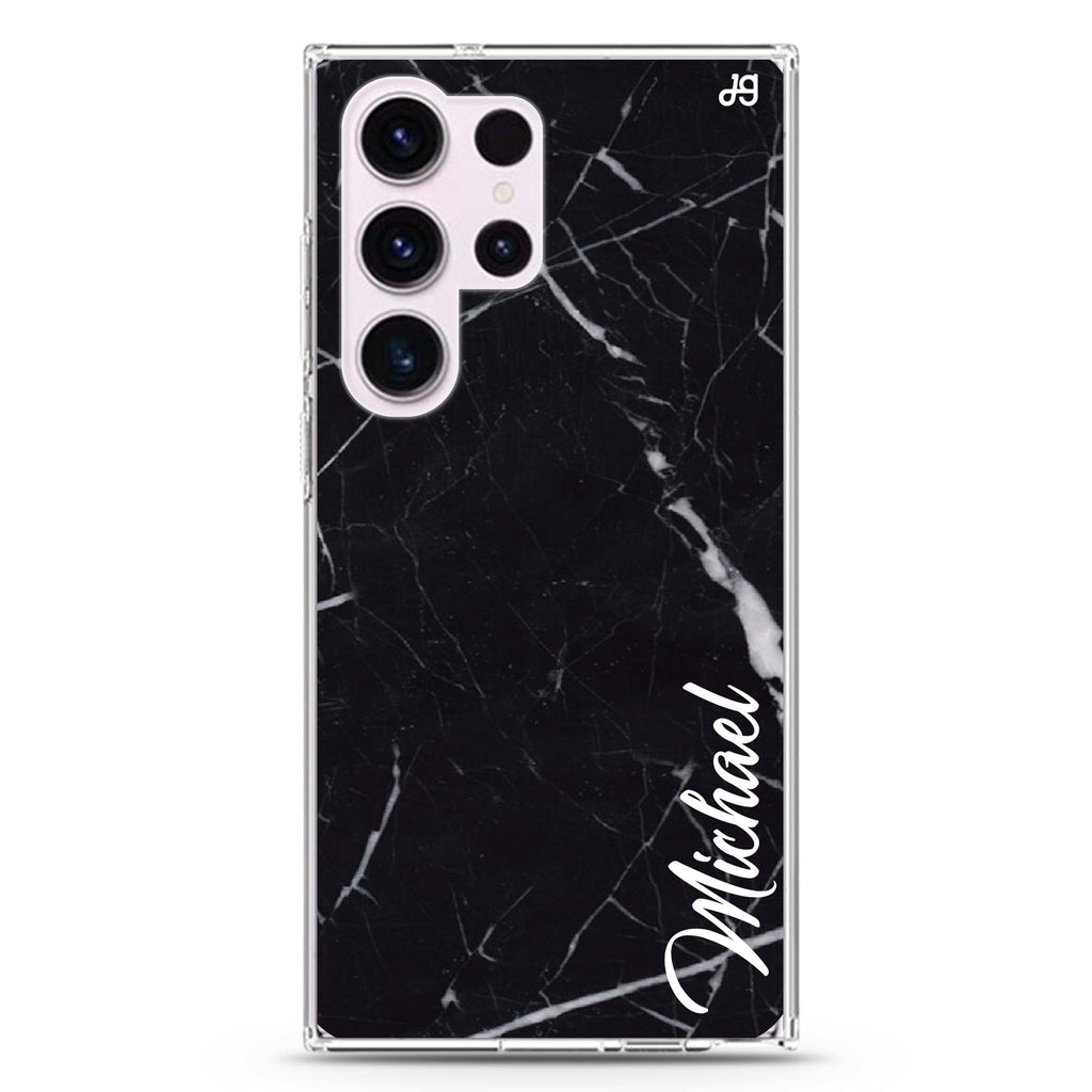 Black Marble personalized name Samsung Galaxy S26/S25/S24/S23/S22 Ultra ultra clear case, transparent design, main view
