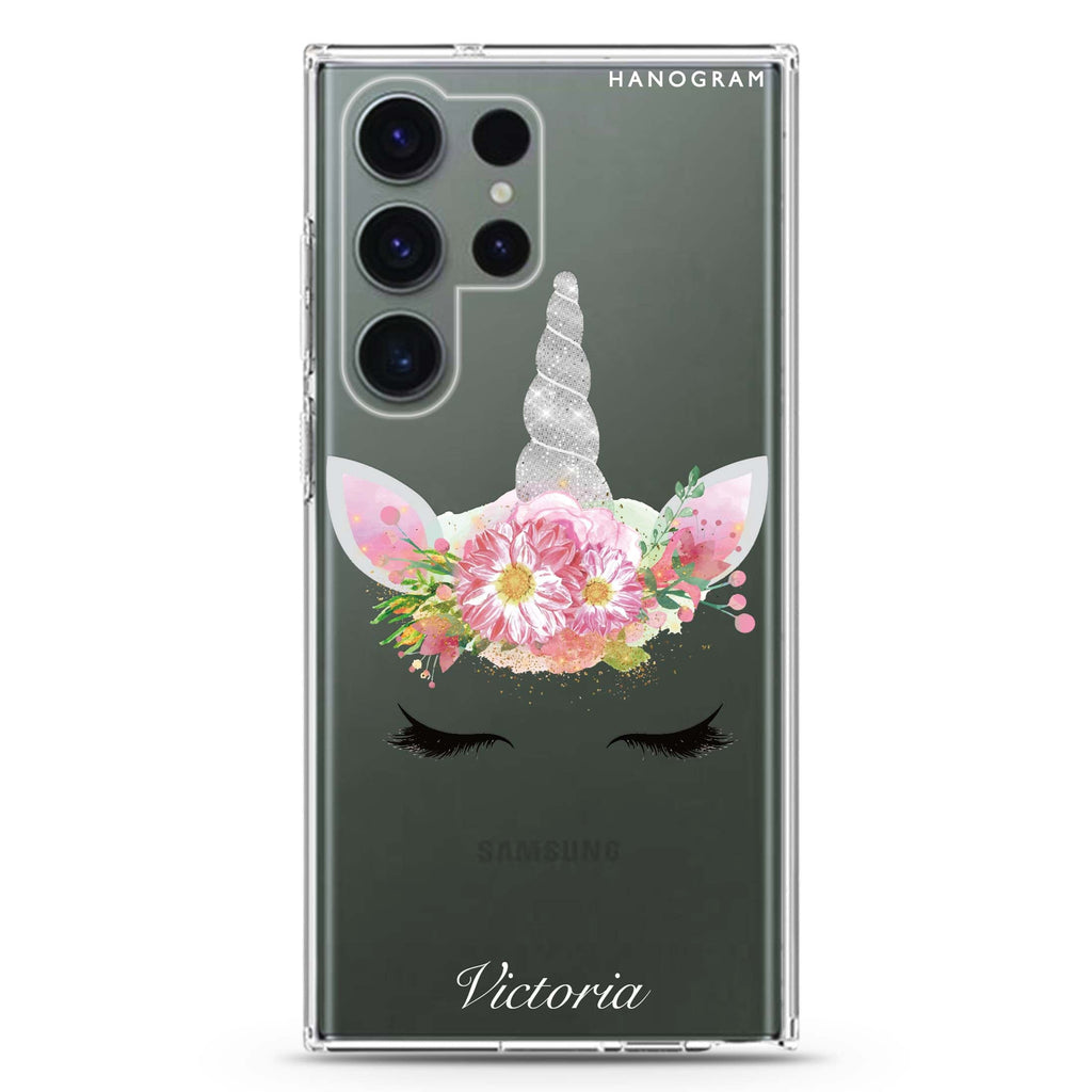 Unicorn's Brow personalized name Samsung Galaxy S26/S25/S24/S23/S22 Ultra ultra clear case, transparent design, main view