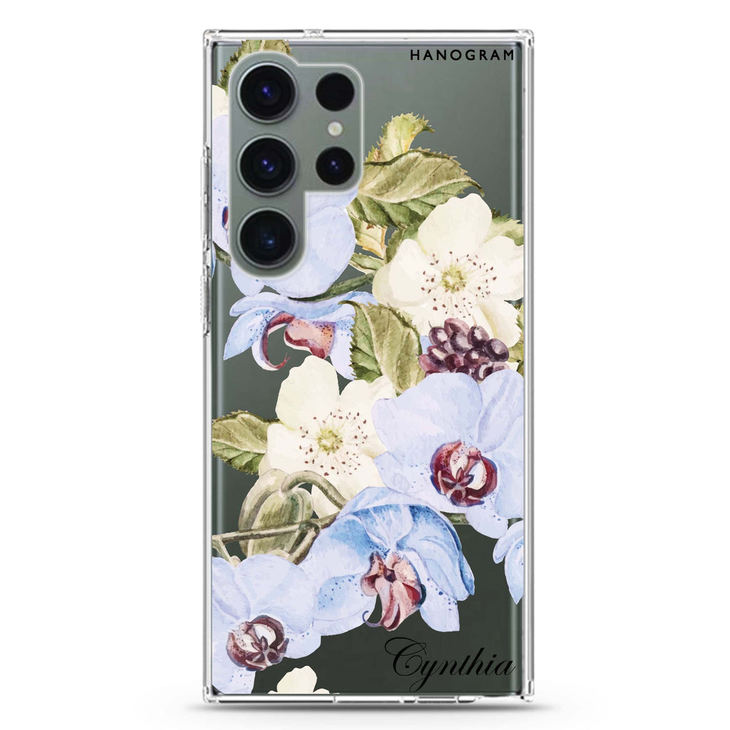 Light Blue Floral personalized name Samsung Galaxy S26/S25/S24/S23/S22 Ultra ultra clear case, transparent design, main view